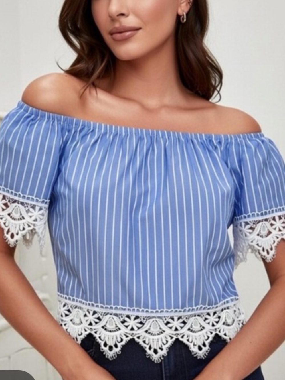 Ambiance Striped Blue Off-Shoulder Top with Lace Trim NWT a
